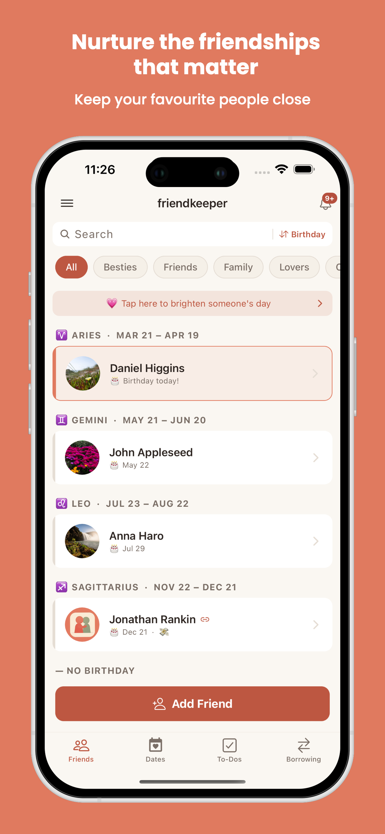 friendkeeper friends list showing birthday reminders, zodiac signs, and friend groups